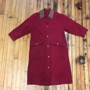 Vintage 90s red cotton trench with leather collar